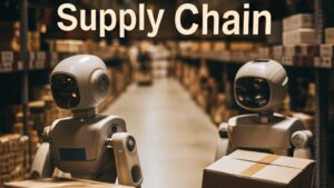 robots inside an inventory carrying boxes and the word "Supply Chain" in the middle of the design 