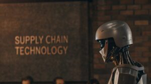 Advanced robot and the word "Supply Chain Technology" is written on the wall